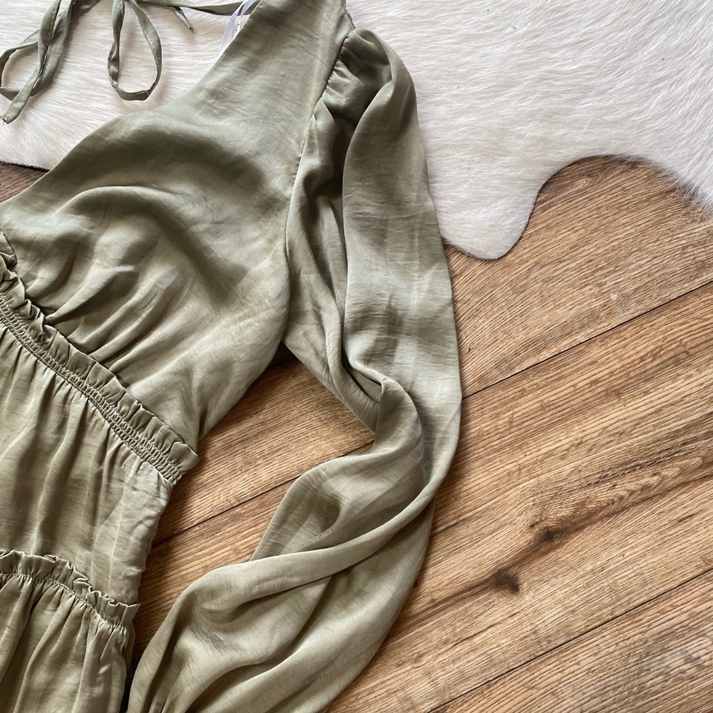 SOLD Lulus Moonstruck Olive Green Satin Tiered Long Sleeve Mini Dress - Picture 4 of 9